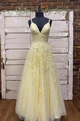 Yellow V-Neck Lace Long Corset Prom Dress, A-Line Evening Dress outfit, Dinner Dress Classy