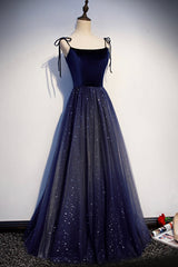 Blue Velvet Tulle Long Corset Prom Dresses, Lovely A-Line Graduation Dresses outfit, Cute Dress Outfit