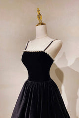 Black Velvet Pearls Long Corset Prom Dresses, Black A-Line Evening Party Dresses outfit, Bridesmaid Dresses With Sleeve