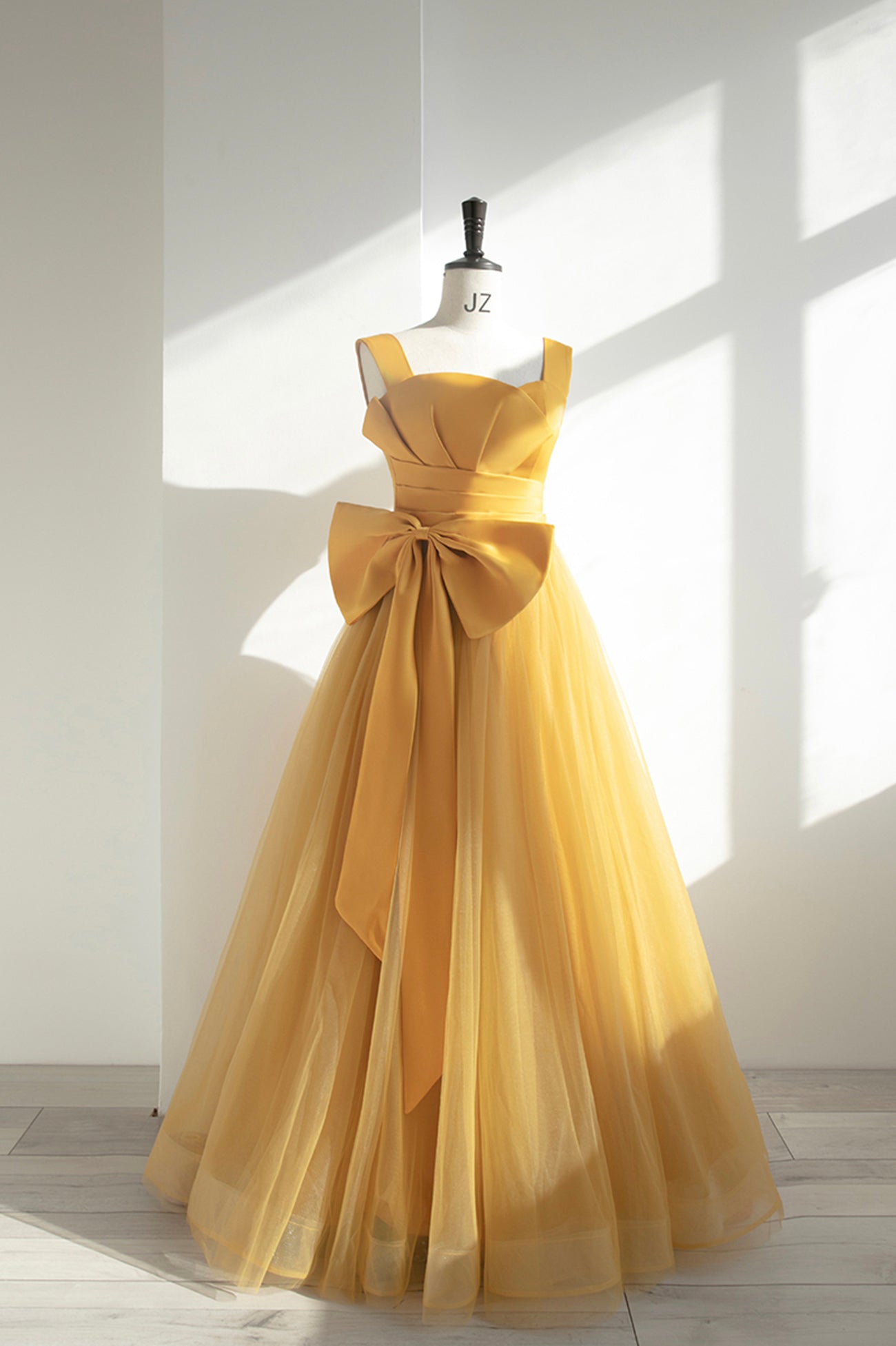 Yellow Satin Tulle Long Corset Prom Dress, A-Line Evening Dress with Bow outfit, Party Dress Brown