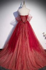 Burgundy Sweetheart Neckline Tulle Long Corset Prom Dress, A-Line Evening Dress outfit, Formal Dresses Floral