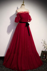 Burgundy Tulle Long Corset Prom Dresses, A-Line Evening Dresses outfit, Formal Dresses Long Sleeves