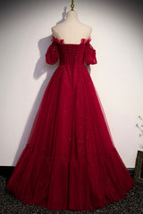 Burgundy Tulle Long Corset Prom Dresses, A-Line Evening Dresses outfit, Formal Dresses For Middle School