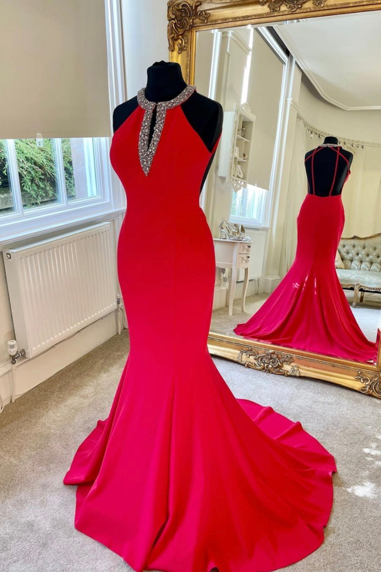 Red Backless Long Corset Prom Dresses, Mermaid Evening Dresses outfit, Party Dress Fashion