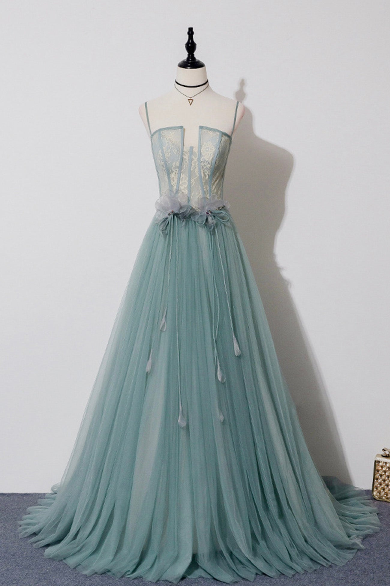 Green Lovely Tulle Straps Long A-Line Corset Prom Dresses, Green Evening Dresses outfit, Prom Dresse Princess