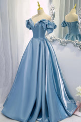 Blue V-Neck Satin Long Corset Prom Dress, Off the Shoulder Evening Dress outfit, Party Dress For Baby