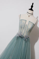 Green Lovely Tulle Straps Long A-Line Corset Prom Dresses, Green Evening Dresses outfit, Prom Dress Princess