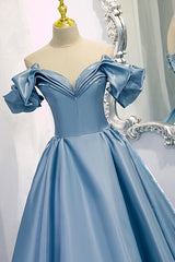 Blue V-Neck Satin Long Corset Prom Dress, Off the Shoulder Evening Dress outfit, Party Dresses For Babies