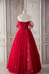 Red Tulle Long Corset Prom Dresses, A-Line Off the Shoulder Corset Formal Dresses outfit, Party Dress In Store