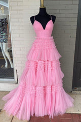 Pink V-Neck Layers Tulle Long Corset Ball Gown, A-Line Spaghetti Strap Evening Dress outfit, Bridesmaid Dresses Mismatched Winter