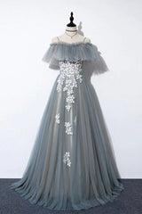 Gray Tulle Lace Long Corset Prom Dress, A-Line Evening Dress outfit, Prom Dresses Designer