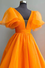 Orange Organza Long A-Line Corset Prom Dress, Beautiful V-Neck Evening Dress outfit, Bridesmaid Dresses Neutral