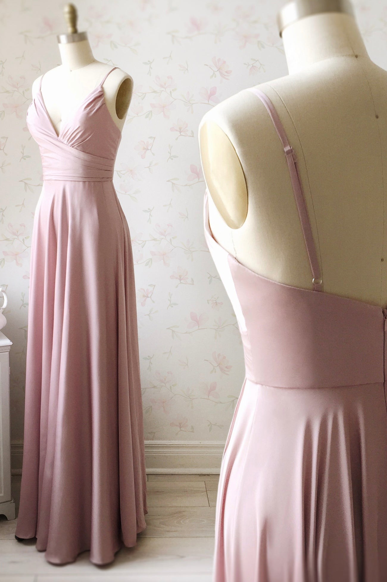 Pink V-Neck Satin Long Corset Prom Dress, A-Line Evening Dress outfit, Beach Wedding