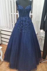 Blue Spaghetti Strap Tulle Appliqu¡§|d Long A-Line Corset Prom Dress outfits, Party Dress Shops