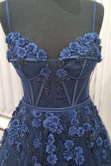 Blue Spaghetti Strap Tulle Appliqu¡§|d Long A-Line Corset Prom Dress outfits, Party Dresses Shop