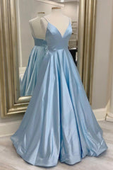 Blue V-Neck Satin Long Corset Prom Dresses, Simple A-Line Evening Dresses outfit, White Prom Dress