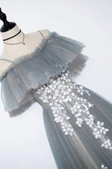 Gray Tulle Lace Long Corset Prom Dress, A-Line Evening Dress outfit, Prom Dress Design