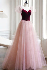 Burgundy Velvet and Pink Tulle Long A-Line Corset Prom Dress, Lovely Party Dress Outfits, Summer Wedding Guest Dress