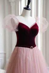 Burgundy Velvet and Pink Tulle Long A-Line Corset Prom Dress, Lovely Party Dress Outfits, Wedding Guest Dress Summer