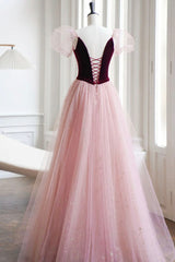 Burgundy Velvet and Pink Tulle Long A-Line Corset Prom Dress, Lovely Party Dress Outfits, Orange Dress