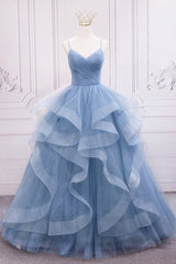 Blue V-Neck Tulle Long Corset Formal Gown, A-Line Blue Evening Dress outfit, Dress Casual