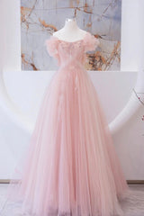 Pink Tulle Beaded Long Corset Prom Dress, A-Line Evening Party Dress Outfits, Bridesmaids Dress Pink