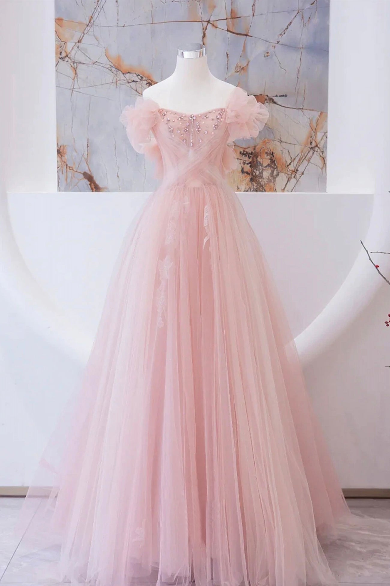 Pink Tulle Beaded Long Corset Prom Dress, A-Line Evening Party Dress Outfits, Bridesmaids Dress Blue