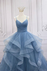 Blue V-Neck Tulle Long Corset Formal Gown, A-Line Blue Evening Dress outfit, Dressy Outfit