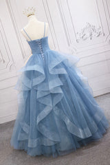 Blue V-Neck Tulle Long Corset Formal Gown, A-Line Blue Evening Dress outfit, Modest Dress