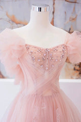 Pink Tulle Beaded Long Corset Prom Dress, A-Line Evening Party Dress Outfits, Bridesmaid Dresses Pinks