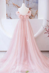 Pink Tulle Beaded Long Corset Prom Dress, A-Line Evening Party Dress Outfits, Bridesmaid Dress Pink