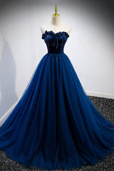 Blue Velvet Tulle Long Corset Prom Dresses, A-Line Strapless Evening Dresses outfit, Prom Dress Ideas