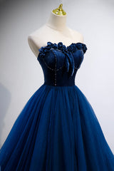 Blue Velvet Tulle Long Corset Prom Dresses, A-Line Strapless Evening Dresses outfit, Prom Dress Blue