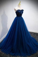 Blue Velvet Tulle Long Corset Prom Dresses, A-Line Strapless Evening Dresses outfit, Night Dress