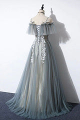 Gray Tulle Lace Long Corset Prom Dress, A-Line Evening Dress outfit, Prom Dresses Designers