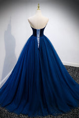 Blue Velvet Tulle Long Corset Prom Dresses, A-Line Strapless Evening Dresses outfit, Black Formal Dress