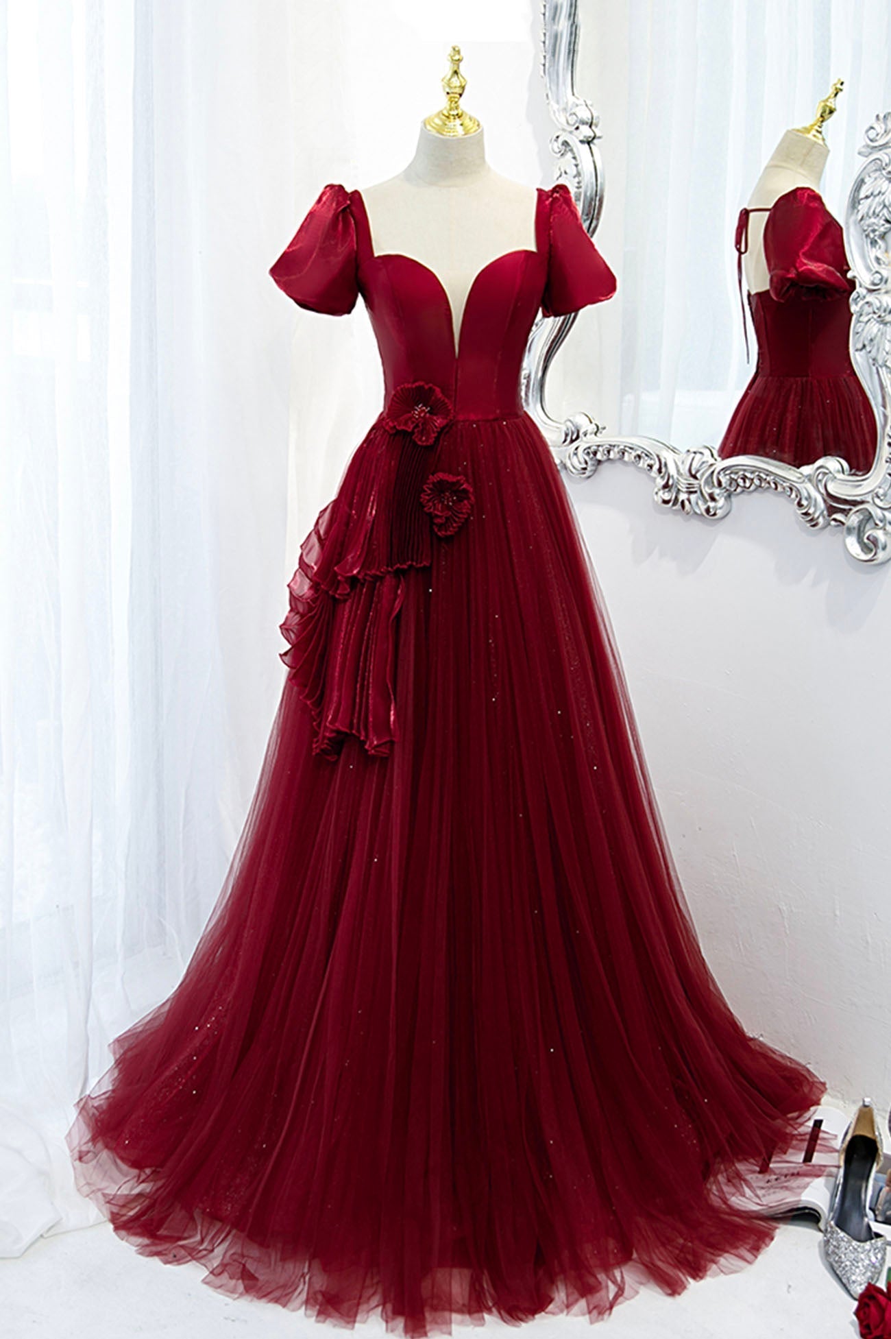 A-Line Satin Tulle Long Corset Prom Dresses, Burgundy Evening Dresses outfit, Prom Dressed Two Piece