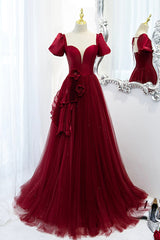 A-Line Satin Tulle Long Corset Prom Dresses, Burgundy Evening Dresses outfit, Prom Dressed Two Piece