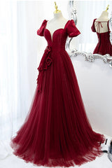 A-Line Satin Tulle Long Corset Prom Dresses, Burgundy Evening Dresses outfit, Prom Dress Two Pieces