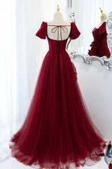 A-Line Satin Tulle Long Corset Prom Dresses, Burgundy Evening Dresses outfit, Prom