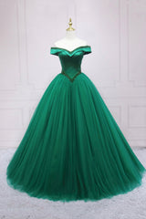 Green Tulle Long A-Line Corset Ball Gown, Off the Shoulder Evening Dress outfit, Prom Dresses Sleeve