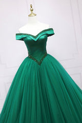 Green Tulle Long A-Line Corset Ball Gown, Off the Shoulder Evening Dress outfit, Prom Dress Sleeves