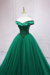 Green Tulle Long A-Line Corset Ball Gown, Off the Shoulder Evening Dress outfit, Prom Dresses 21