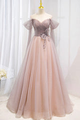 Pink Tulle Beaded Long Corset Prom Dress, Off the Shoulder Evening Dress outfit, Bridesmaid Dresses Mismatched Spring Wedding Colors