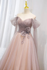 Pink Tulle Beaded Long Corset Prom Dress, Off the Shoulder Evening Dress outfit, Bridesmaid Dress Long Sleeves