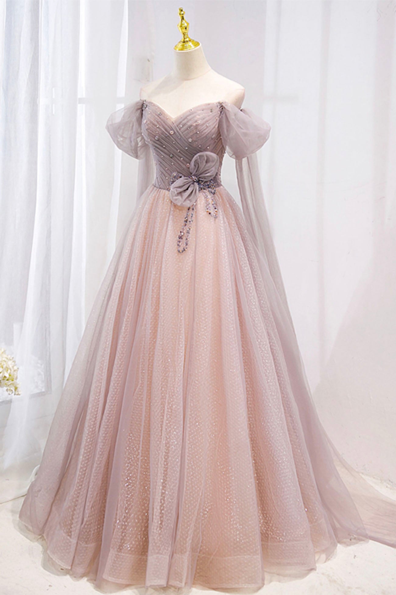 Pink Tulle Beaded Long Corset Prom Dress, Off the Shoulder Evening Dress outfit, Bridesmaids Dresses Pink