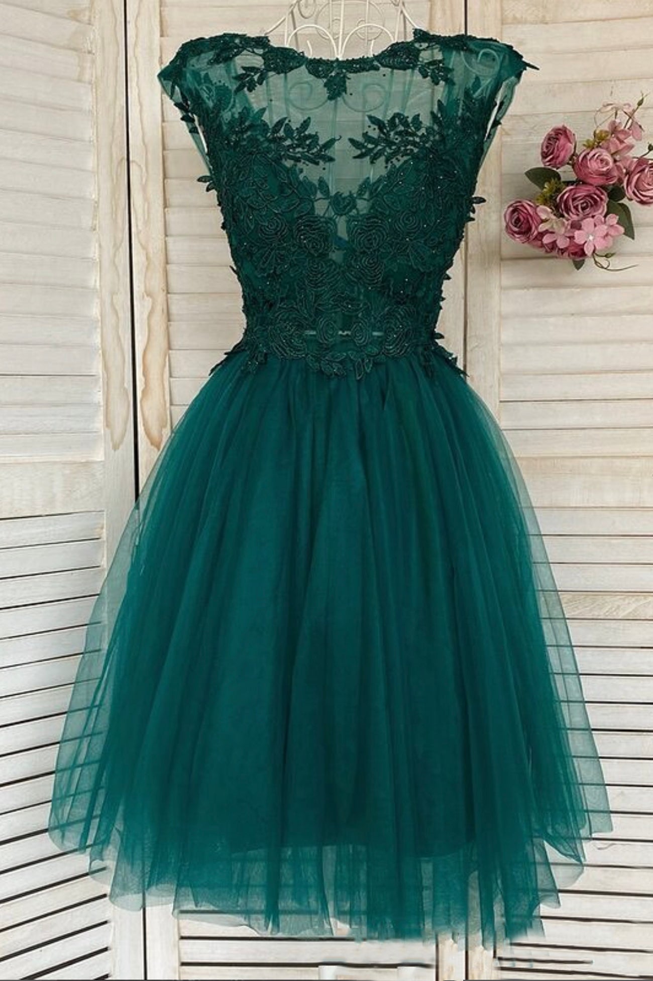 Green Lace Short Corset Prom Dress, A-Line Corset Homecoming Dress outfit, Prom Dresses Open Back