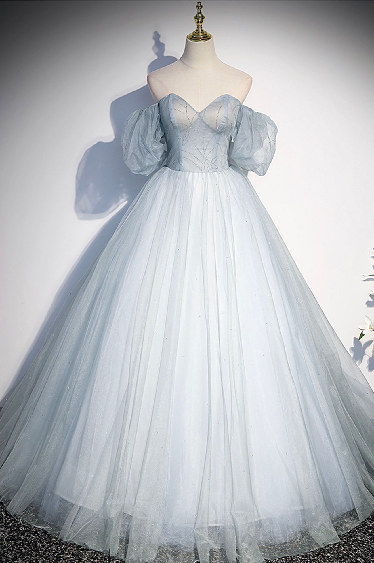 Blue Tulle Long A-Line Corset Prom Dress, Blue Off the Shoulder Evening Dress outfit, Party Dress With Sleeves