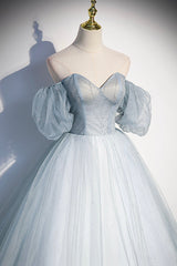 Blue Tulle Long A-Line Corset Prom Dress, Blue Off the Shoulder Evening Dress outfit, Party Dress Mid Length