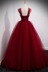 Burgundy Tulle Long A-Line Corset Prom Dress, Burgundy Evening Party Dress Outfits, Formal Dresses Long Elegant Classy